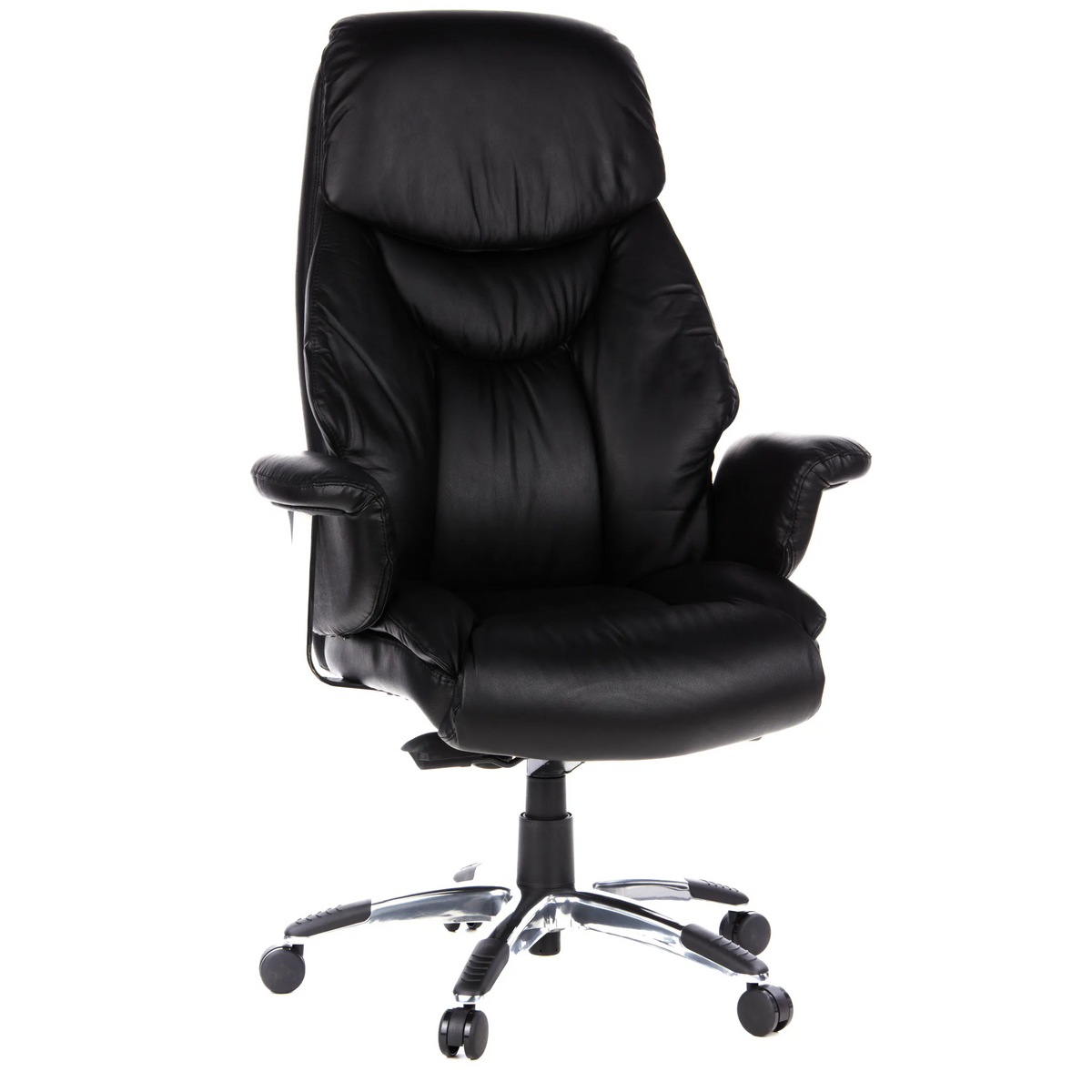 Sillón de alta gama PRADO negro de cuero sintético con base de estrella y cinco ruedas de hjh OFFICE – vista de 360° (vista frontal 20°)