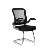 Silla de viga voladiza FLYER PRO V negra con respaldo de malla, reposabrazos y estructura de patines de hjh OFFICE – vista de 360° (vista frontal en diagonal 40°)