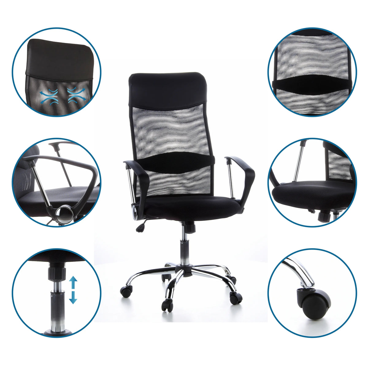 Sillón de oficina Home Office ARIA HIGH en negro con respaldo de malla, reposabrazos y muelle a gas de hjh OFFICE