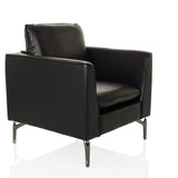 Sillón de diseño BAVERO negro con tapicería de cuero sintético y patas de metal de hjh OFFICE – vista de 360° (vista frontal en diagonal 45°)
