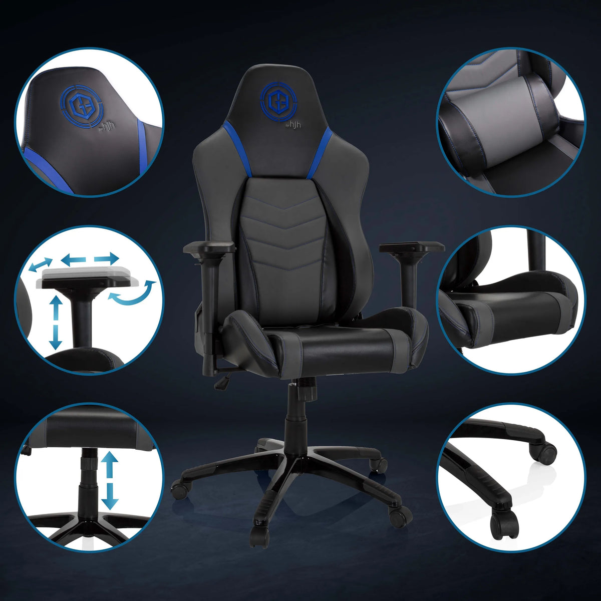 Silla gaming GAMEBREAKER POLARYS I en gris azulado con vistas detalladas de reposabrazos, pistón de gas y ruedas de hjh OFFICE