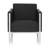 Sillón tapizado negro ARUBA STEP con costuras de diamante y estructura plateada de hjh OFFICE – vista de 360° (vista frontal 0°)