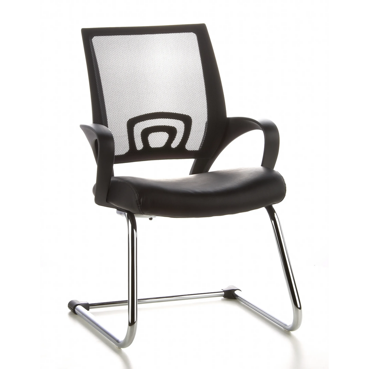 Silla de viga voladiza VISTO NET V negra con respaldo de malla, asiento acolchado y reposabrazos de hjh OFFICE – vista de 360° (vista frontal 20°)