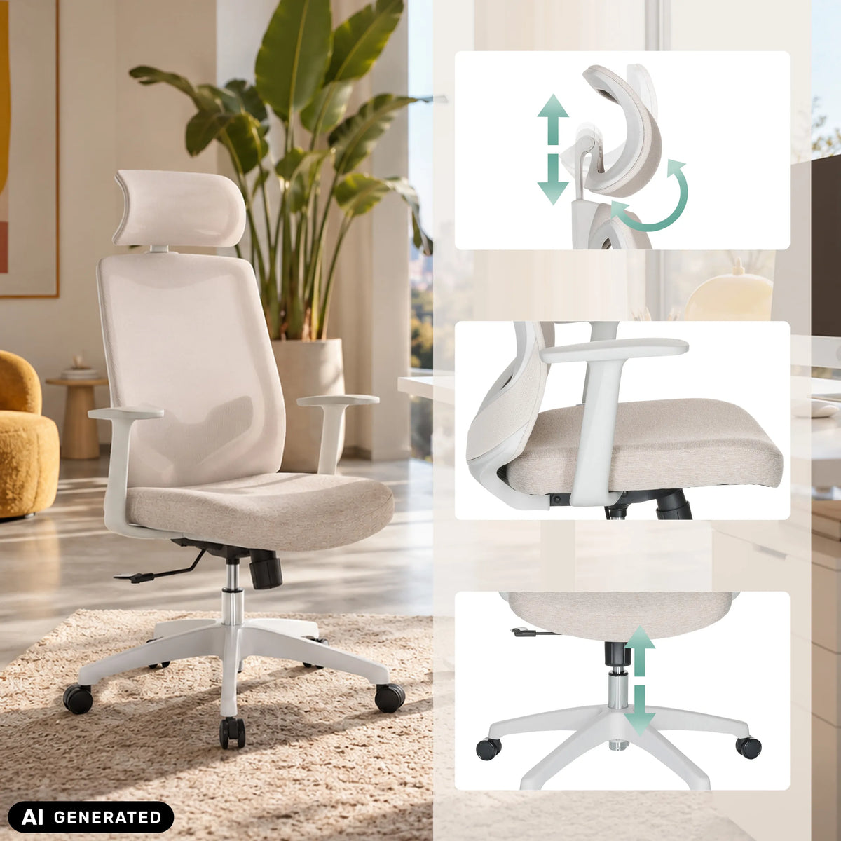 Silla Home Office MIKEO W en beige con reposacabezas y reposabrazos ajustables de hjh OFFICE