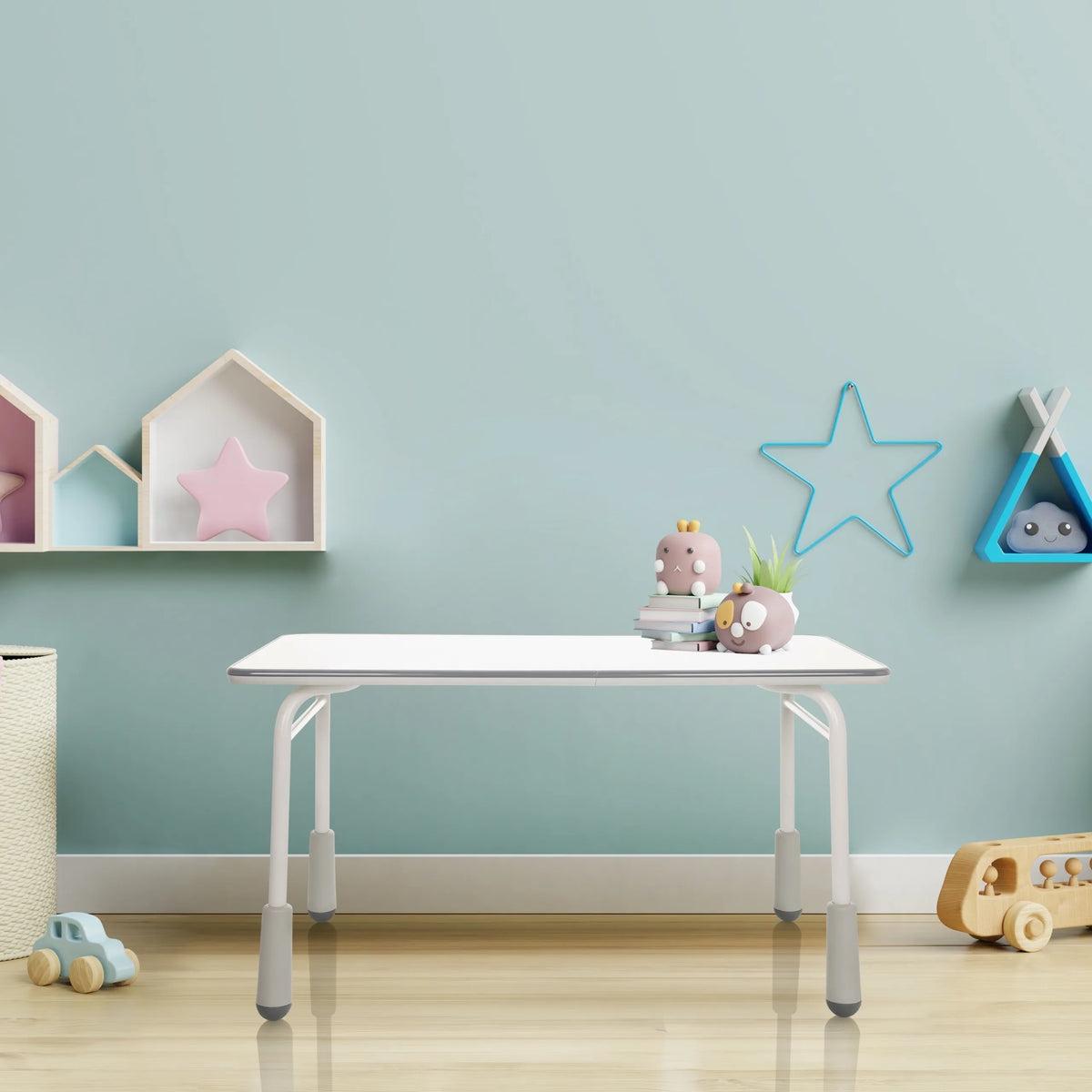 Escritorio juvenil KID GRO T gris claro con tablero blanco y cuatro patas de hjh OFFICE