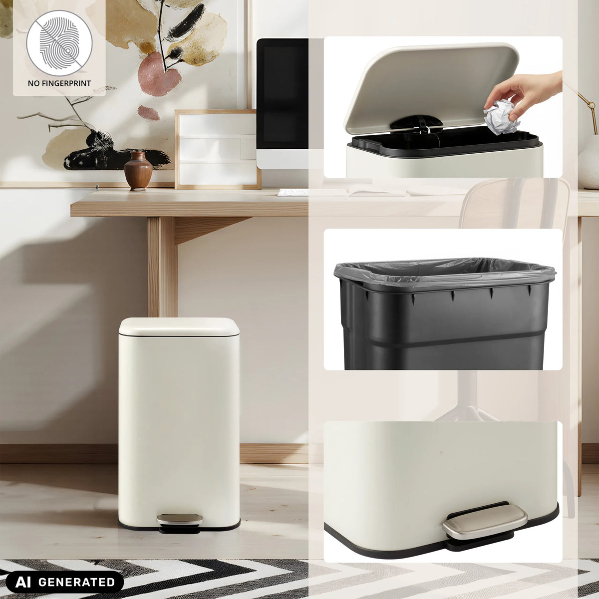 Papelera Clean 1 beige con pedal, cubo interior y tapa abierta de hjh OFFICE (imagen generada por IA)