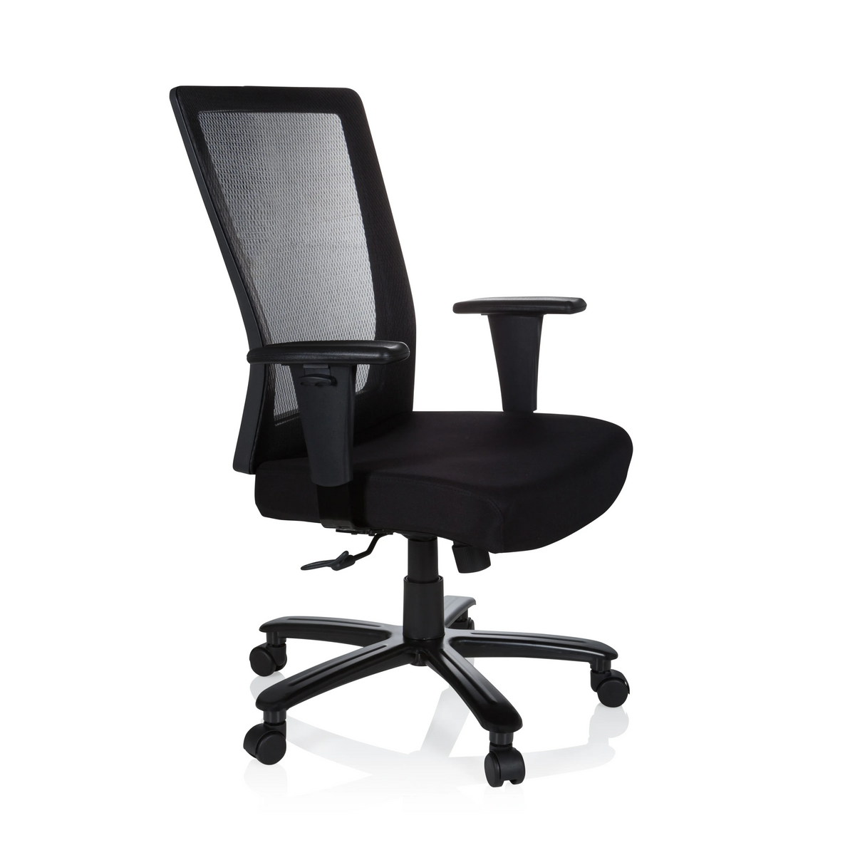 Schwarzer Drehstuhl XXL EXTENDER mit Netzrücken und Fußkreuz mit fünf Rollen von hjh OFFICE – 360-Grad-Ansicht (schräge Frontansicht 60°)