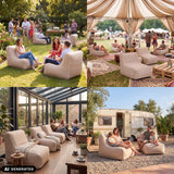 Sofás hinchables Sitzolo Air en color beige en diversas zonas exteriores de hjh LIVING (imagen generada por IA)