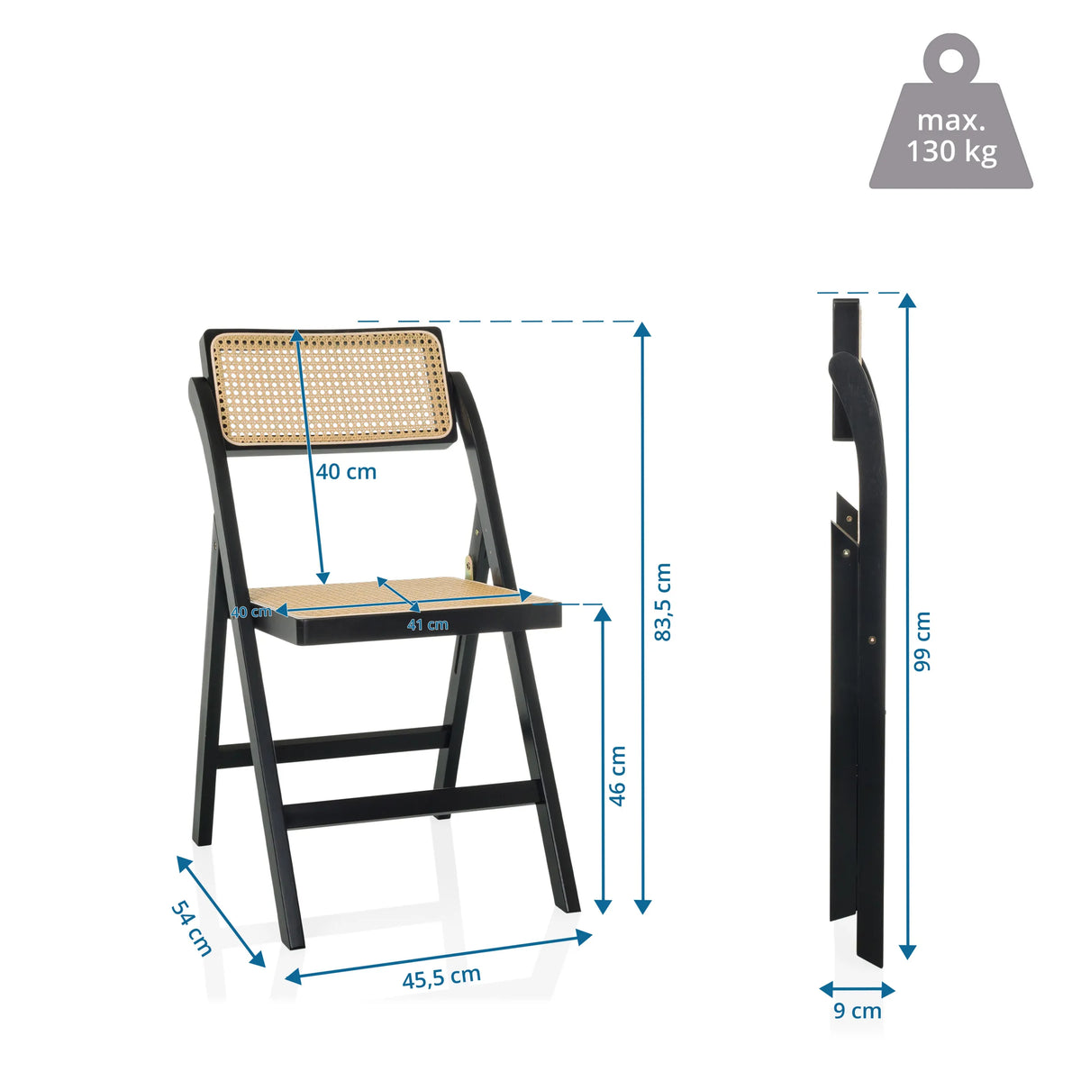 Dibujo técnico de la silla plegable TUDELA BAMBOO con una altura total de 99 cm de hjh LIVING
