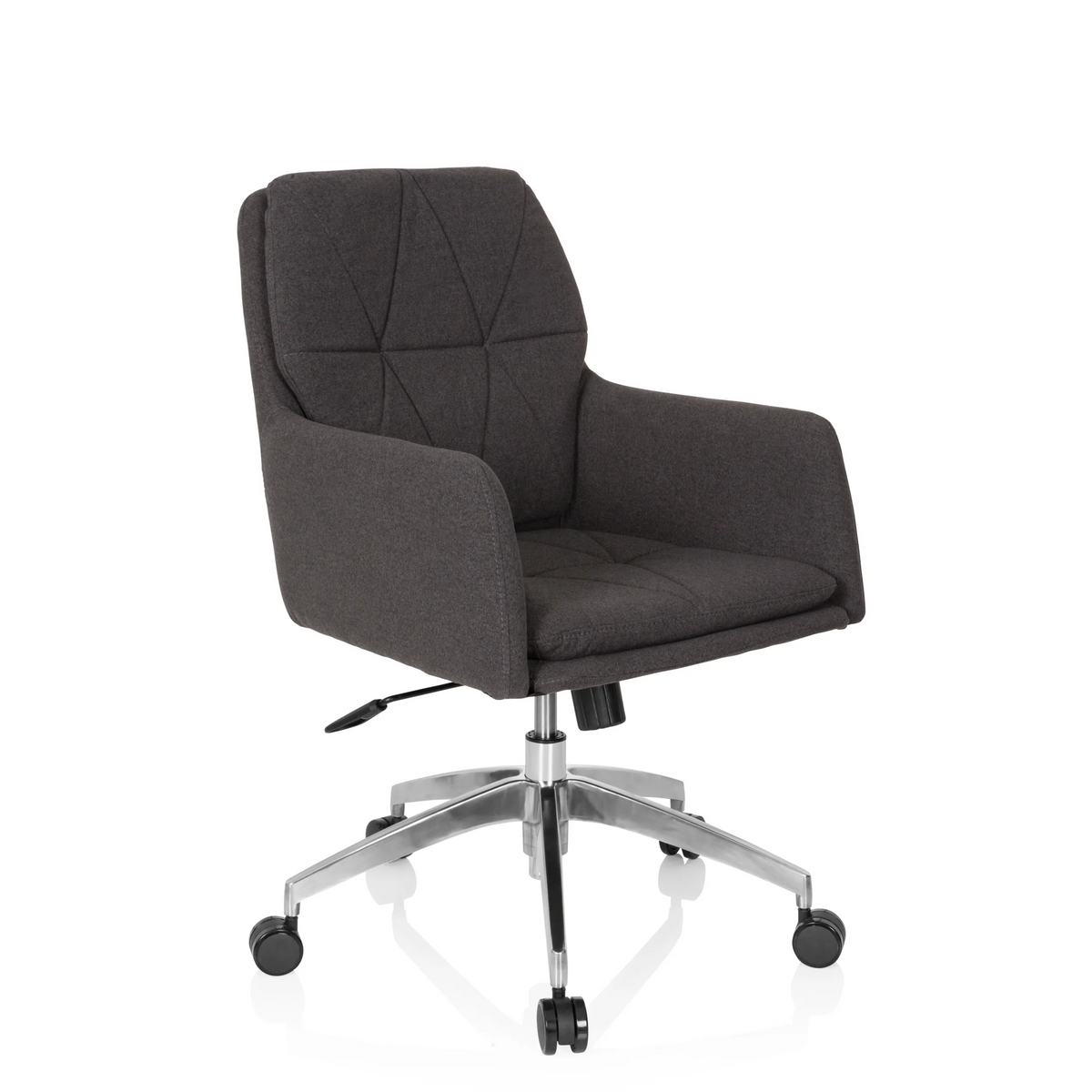 Silla Home Office SHAKE 350 en gris oscuro con patrón acolchado y base de cinco ruedas de hjh OFFICE – vista de 360° (vista frontal en diagonal 40°)
