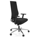 Silla de oficina profesional PRO-TEC 700 negra con reposabrazos y base brillante de cinco ruedas de hjh OFFICE – vista de 360° (vista frontal en diagonal 60°)