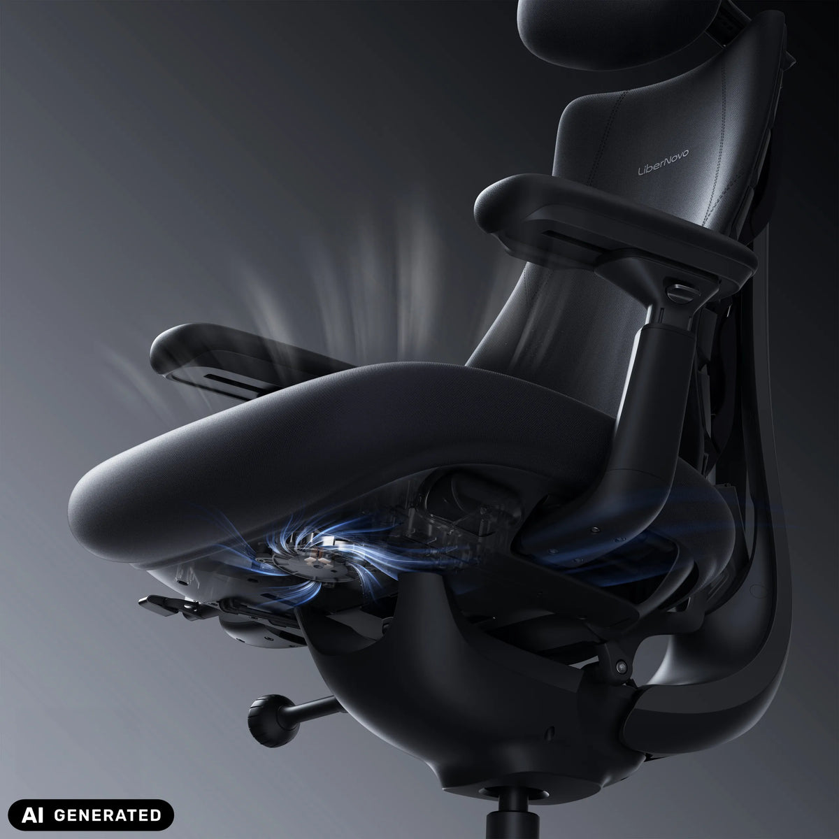 Mecanismo del asiento de la silla de oficina LiberNovo Maxis Airflow en grafito con representación gráfica del flujo de aire de Libernovo