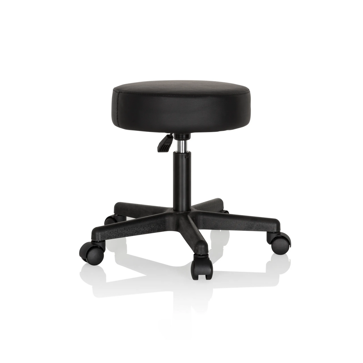 taburete giratorio negro OPERATOR I con asiento acolchado y base de cinco ruedas de hjh OFFICE – vista de 360° (vista trasera en diagonal 120°)