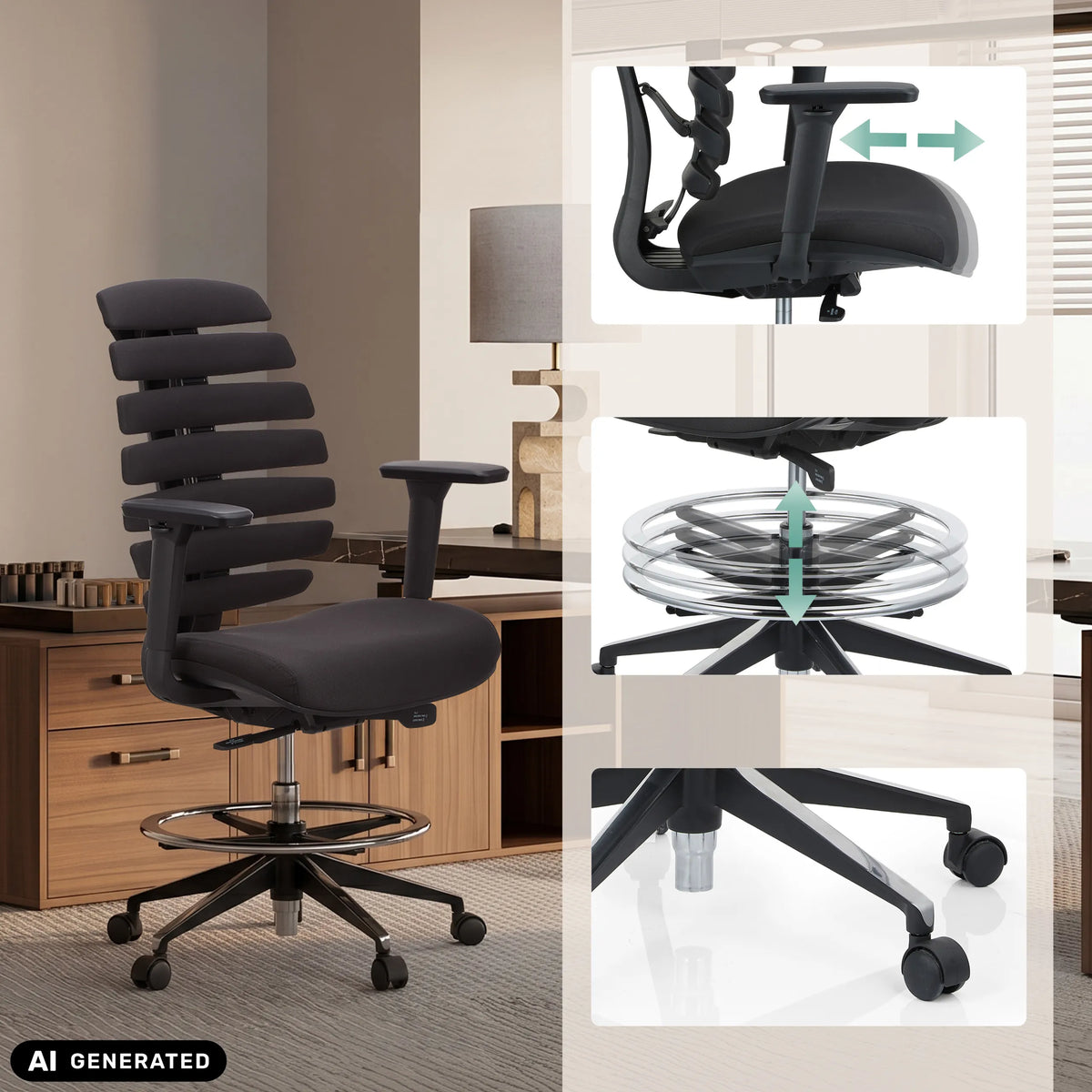 Reposabrazos ajustables, aro reposapiés y ruedas de la silla de mostrador ERGO LINE II WORK en negro de hjh OFFICE