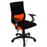 Schwarz-orangefarbener Kinderdrehstuhl KIDDY PRO AL mit Lendenkissen und Fußkreuz mit fünf Rollen von hjh OFFICE – 360-Grad-Ansicht (schräge Frontansicht 40°)