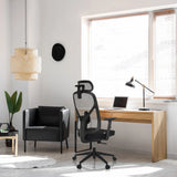 Silla de oficina profesional RALOO ECO negra con respaldo de malla y reposacabezas de hjh OFFICE