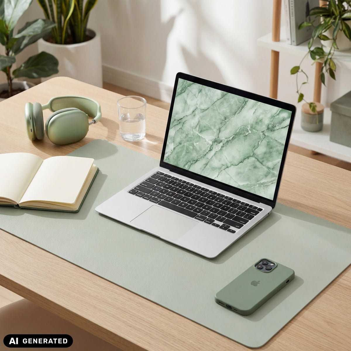 Alfombrilla de escritorio Padflux Clean verde claro sobre una mesa de madera con portátil y accesorios de hjh OFFICE (imagen generada por IA)
