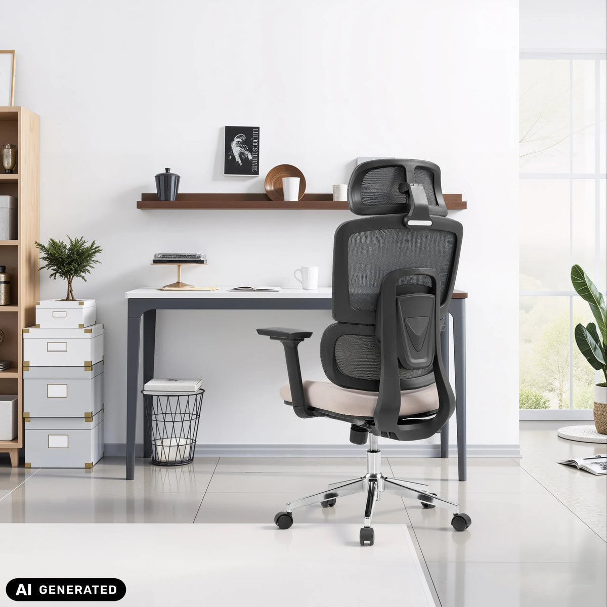 Silla de oficina profesional Ergomy Pro en gris oscuro y beige con respaldo de malla de hjh OFFICE (imagen generada por IA)