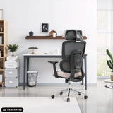 Silla de oficina profesional Ergomy Pro en gris oscuro y beige con respaldo de malla de hjh OFFICE (imagen generada por IA)