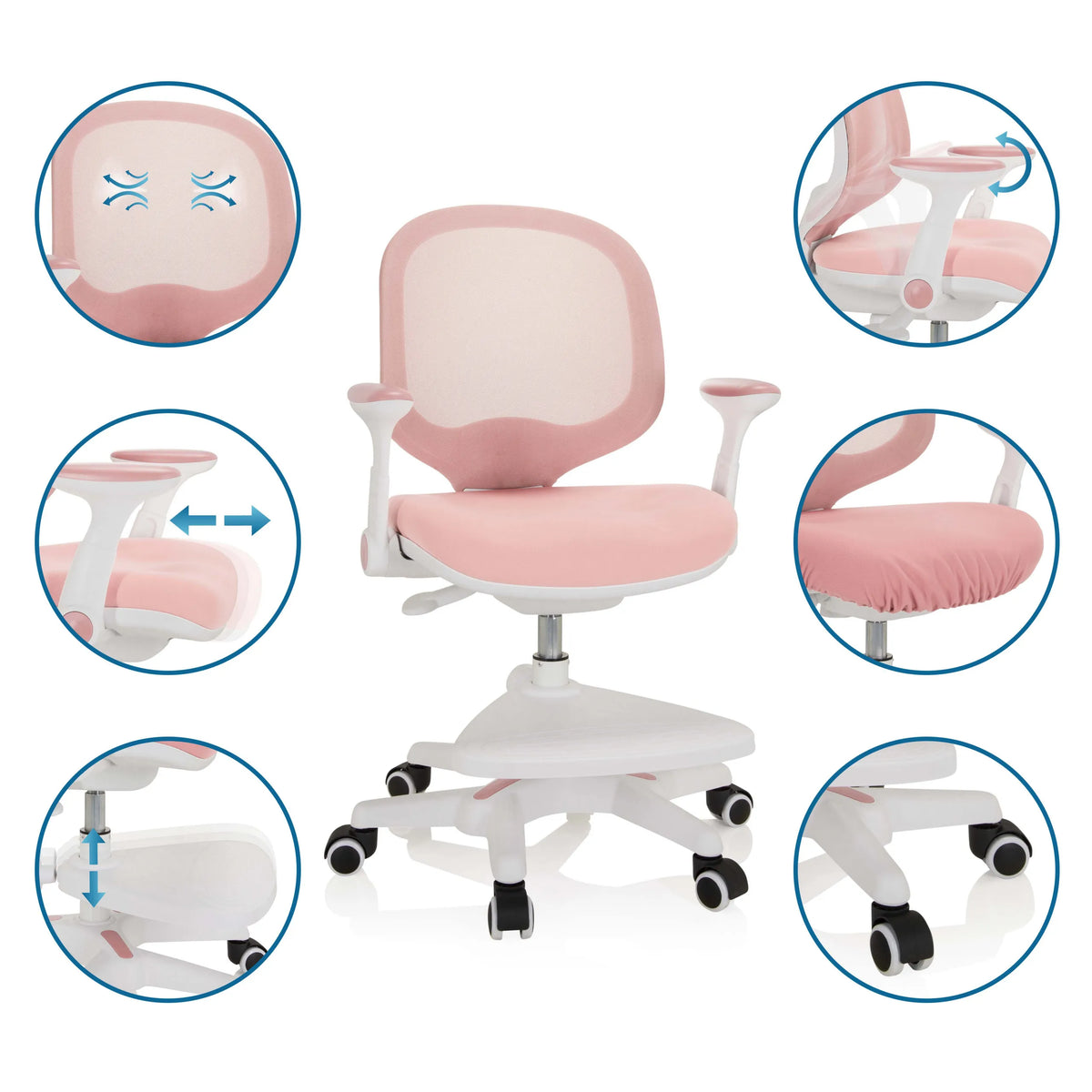 Silla para niños rosa KID ERGO con vistas detalladas de los reposabrazos ajustables, la altura del asiento y las ruedas de hjh OFFICE