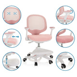 Silla para niños rosa KID ERGO con vistas detalladas de los reposabrazos ajustables, la altura del asiento y las ruedas de hjh OFFICE
