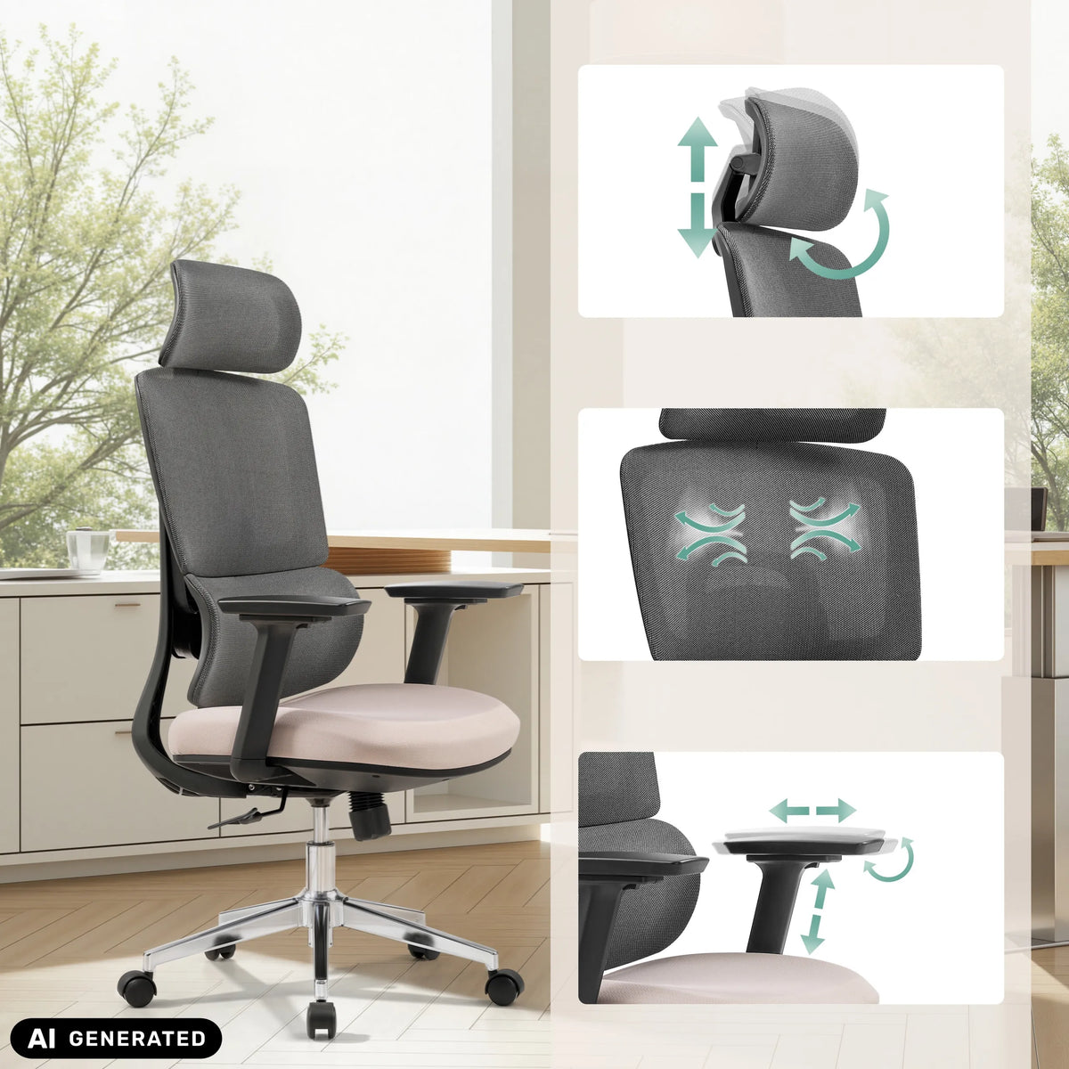 Reposacabezas y reposabrazos ajustables de la silla de oficina profesional Ergomy Pro de hjh OFFICE (imagen generada por IA)
