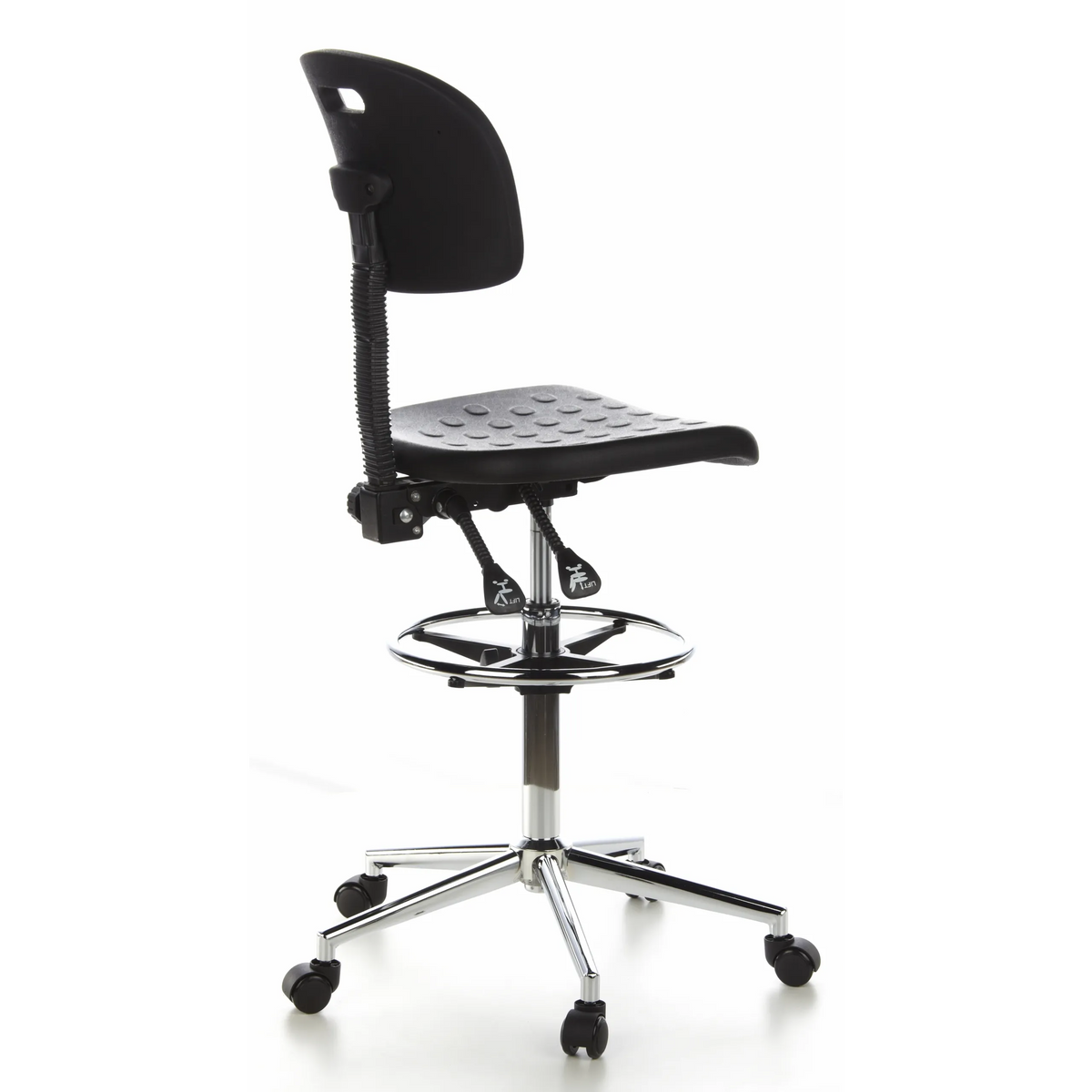 Silla de mostrador negra TOP WORK 23 con reposapiés y base de cinco ruedas de hjh OFFICE – vista de 360° (vista trasera en diagonal 120°)