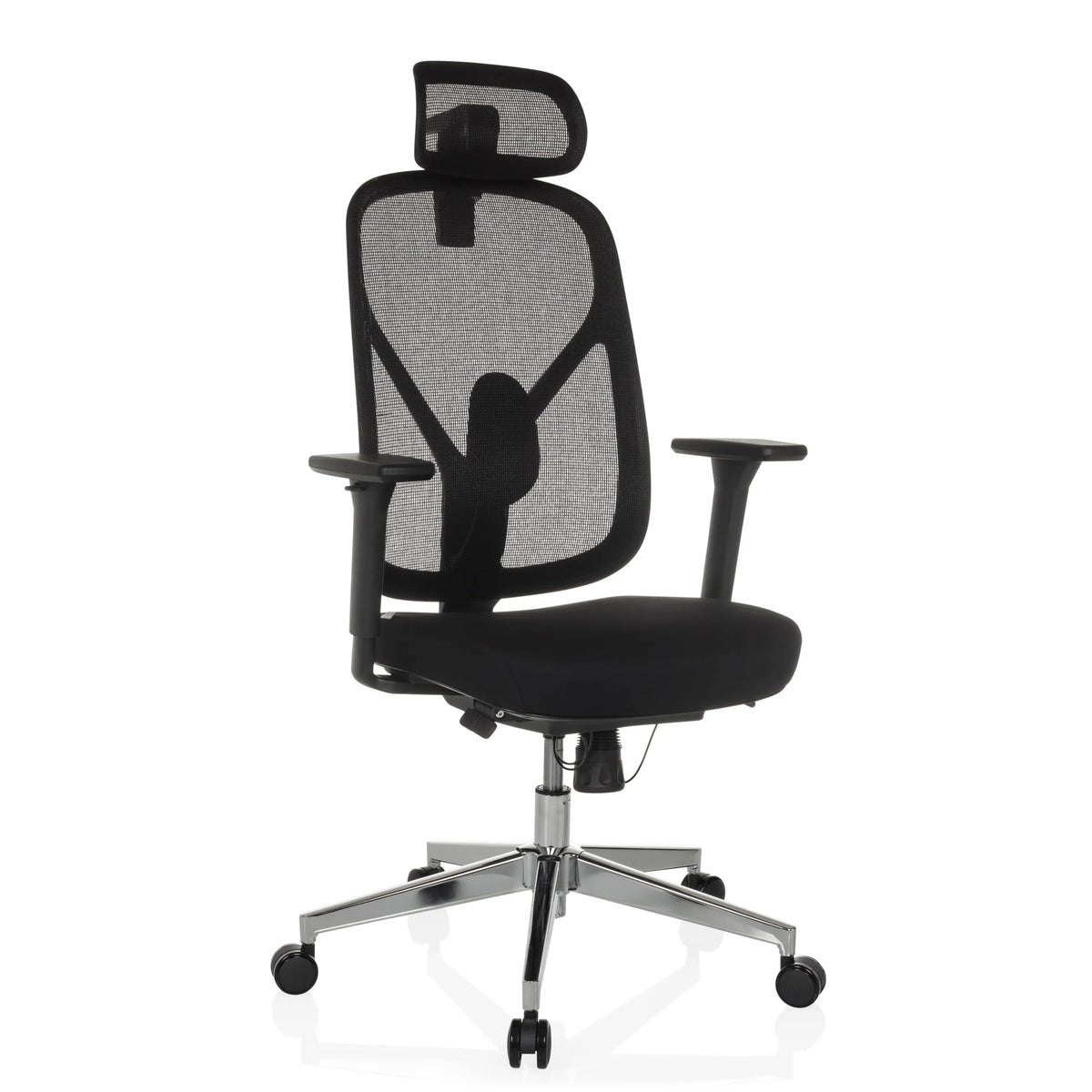 Silla de oficina profesional RALOO PRO negra con respaldo de malla y base de cinco ruedas de hjh OFFICE – vista de 360° (vista frontal en diagonal 30°)