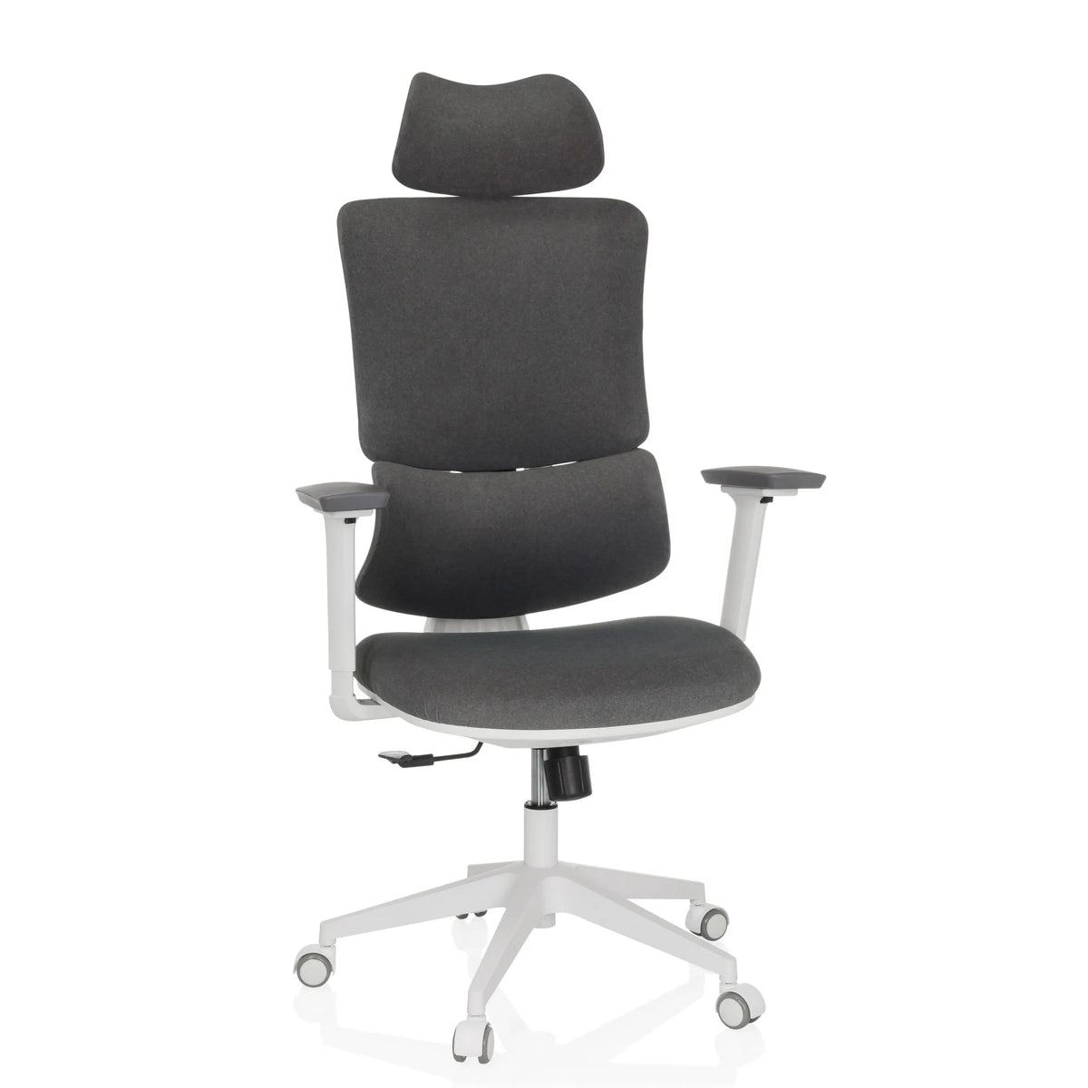 Silla Home Office ERGOMY WF gris con tapizado de tela, estructura blanca y base de cinco ruedas de MyBuero – vista de 360° (vista frontal 15°)