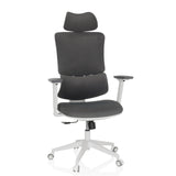 Silla Home Office ERGOMY WF gris con tapizado de tela, estructura blanca y base de cinco ruedas de MyBuero – vista de 360° (vista frontal 15°)