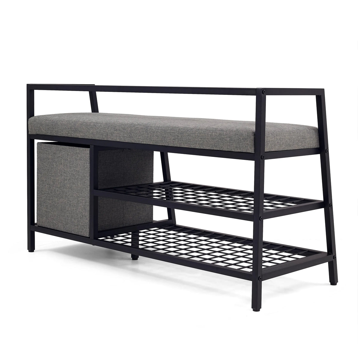 Armario zapatero Estha Loft en negro y gris con superficie para sentarse gris y dos estantes de rejilla de hjh LIVING
