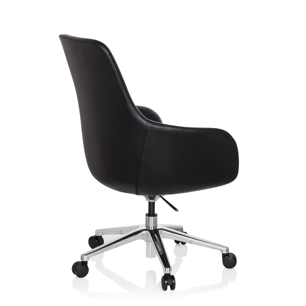 Sillón de oficina profesional BARENO negro con tapizado de cuero y base de cinco ruedas de hjh OFFICE – vista de 360° (vista trasera en diagonal 120°)
