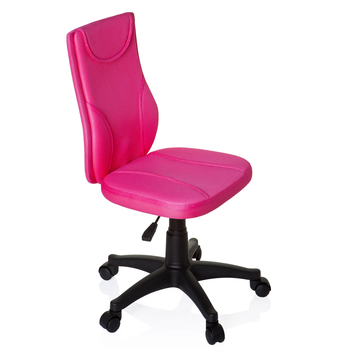 Silla giratoria para niños KIDDY BASE rosa con respaldo de malla y base negra de cinco ruedas de hjh OFFICE – vista de 360° (vista frontal en diagonal 60°)