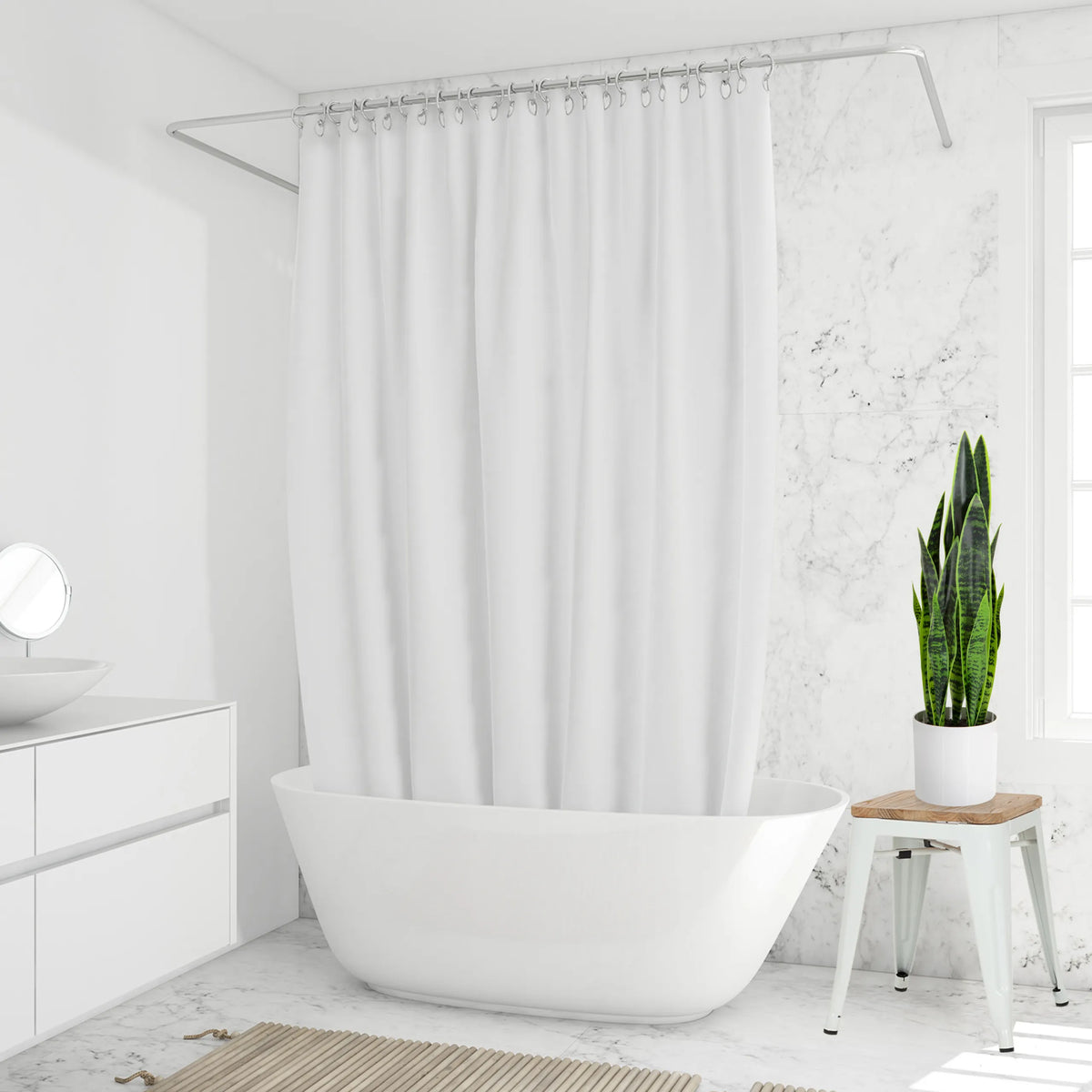 Planta artificial verde SANSEVIERIA en una maceta blanca sobre un taburete pequeño de hjh OFFICE