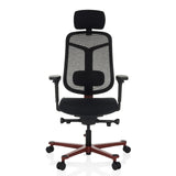 Silla alta gama BICOLORE HIGH negra con respaldo de malla, reposacabezas y base de cinco ruedas en color rojo de hjh OFFICE – vista de 360° (vista frontal 0°)