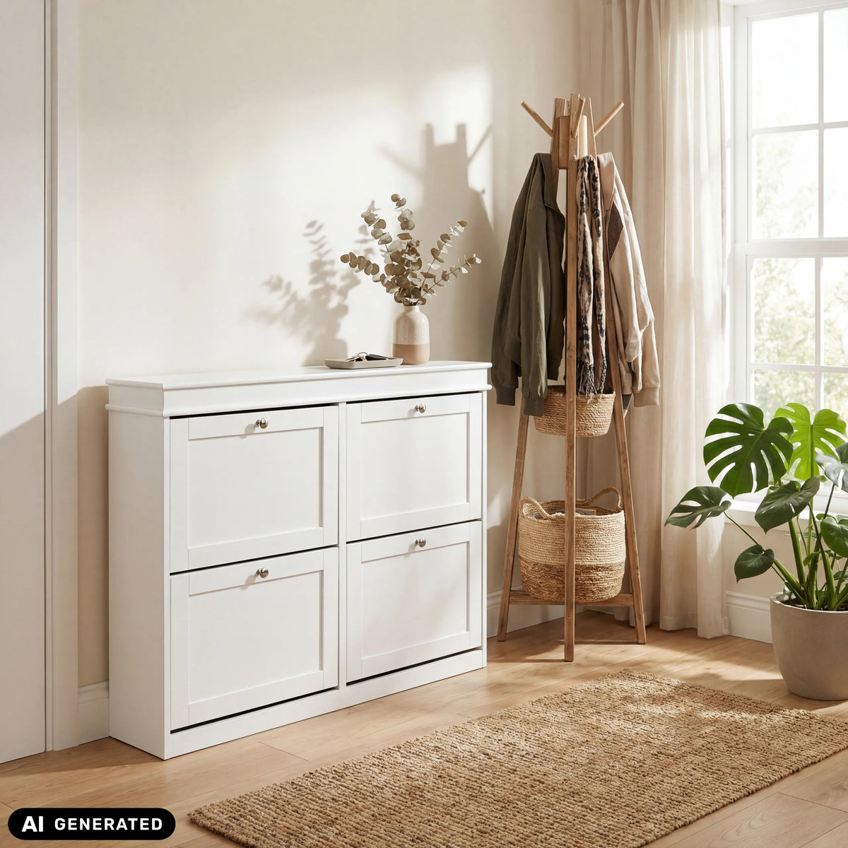 Armario zapatero Estha 40 blanco con cuatro compartimentos abatibles y tiradores plateados de hjh LIVING (imagen generada por IA)