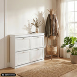 Armario zapatero Estha 40 blanco con cuatro compartimentos abatibles y tiradores plateados de hjh LIVING (imagen generada por IA)