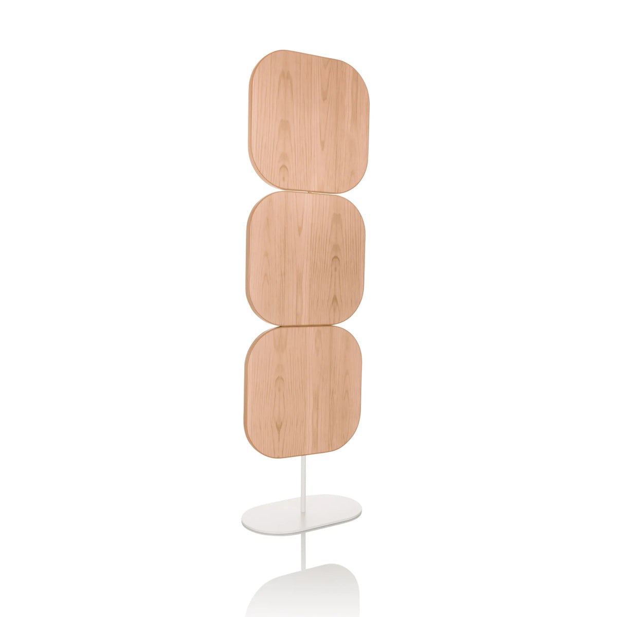 Separador beige FLEXMIUT W con tres elementos cuadrados y base blanca de hjh OFFICE – vista de 360° (vista frontal en diagonal 27°)