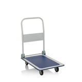 Blau-weißer Plattformwagen CARRY mit klappbarem Griff und vier Rollen von hjh OFFICE – 360-Grad-Ansicht (schräge Frontansicht 40°)