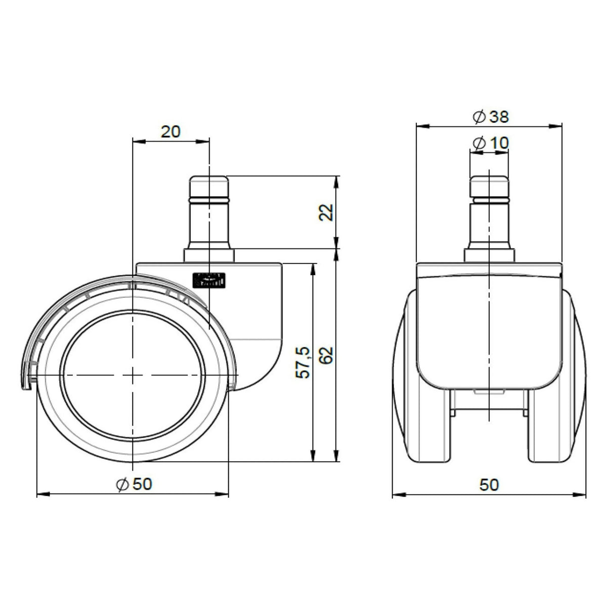 Dibujo técnico de las ruedas para sillas 5x ROLO FREE 10mm/50mm con un diámetro de rueda de 50 mm de hjh OFFICE