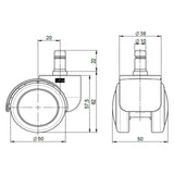 Dibujo técnico de las ruedas para sillas 5x ROLO FREE 10mm/50mm con un diámetro de rueda de 50 mm de hjh OFFICE