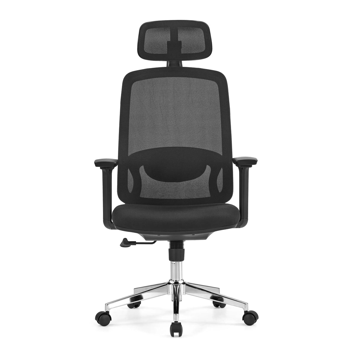 Silla de oficina profesional Ergosento en color negro con respaldo de malla, reposacabezas y base de cinco ruedas de hjh OFFICE – vista de 360° (vista frontal 0°)