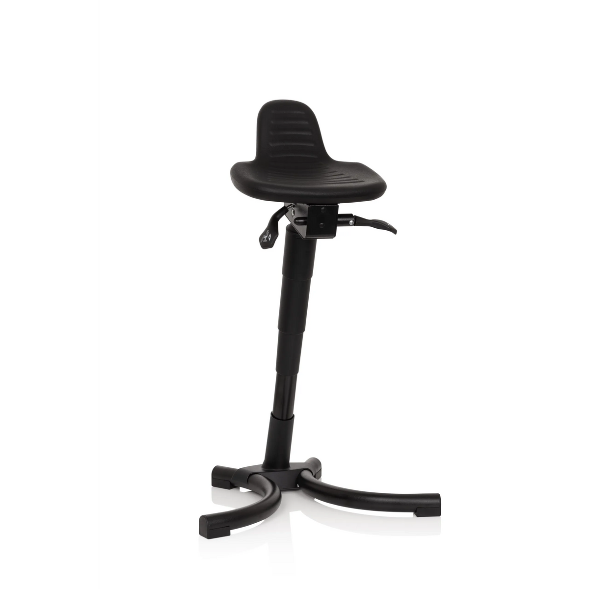 Asiento de pie TOP WORK 34 negro con asiento, respaldo y base de cuatro patas de hjh OFFICE – vista de 360° (vista frontal 20°)