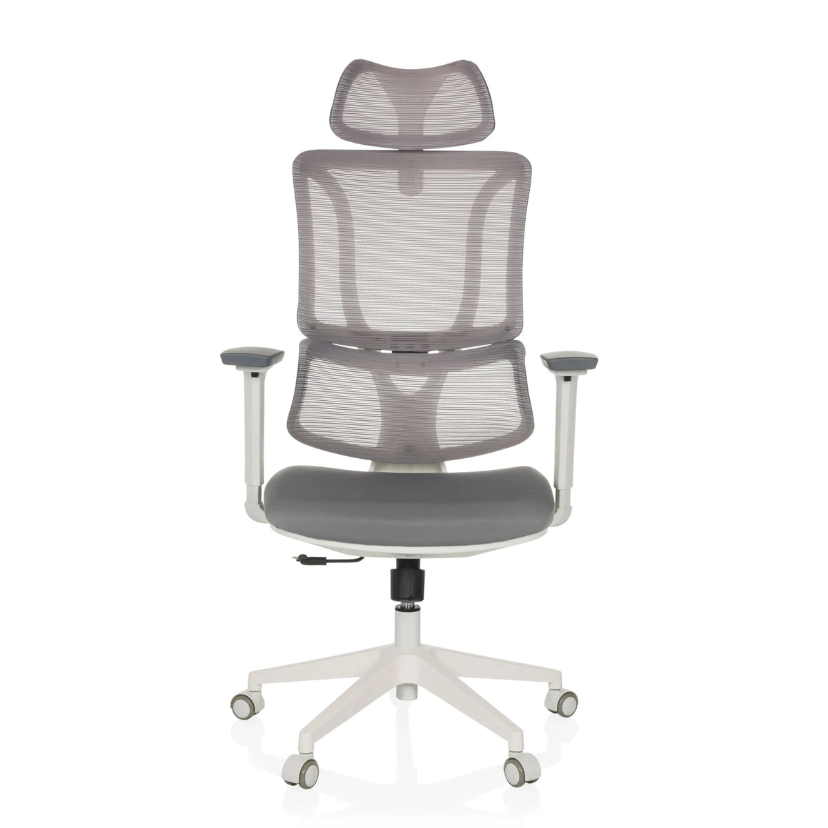 Silla de oficina profesional ERGOMY W gris con respaldo de malla y base blanca de cinco ruedas de MyBuero – vista de 360° (vista frontal 0°)