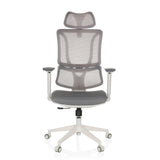 Silla de oficina profesional ERGOMY W gris con respaldo de malla y base blanca de cinco ruedas de MyBuero – vista de 360° (vista frontal 0°)