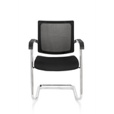 Silla de viga voladiza LEVIA V negra con respaldo de malla, reposabrazos y estructura de patín de hjh OFFICE – vista de 360° (vista frontal 0°)