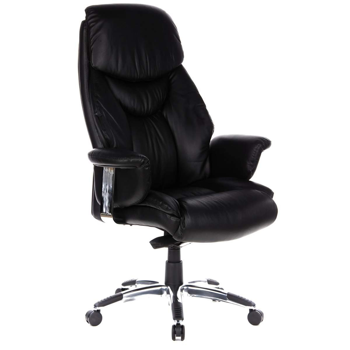 Sillón de alta gama PRADO negro de cuero sintético con base de estrella y cinco ruedas de hjh OFFICE – vista de 360° (vista frontal en diagonal 40°)