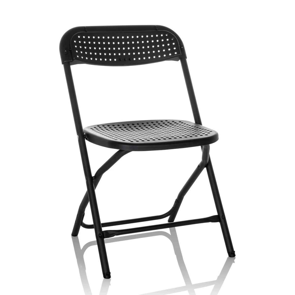Silla de exterior negra TUDELA XXL PRO con asiento y respaldo perforados de hjh OFFICE – vista de 360° (vista frontal 15°)