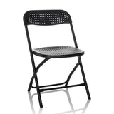 Silla de exterior negra TUDELA XXL PRO con asiento y respaldo perforados de hjh OFFICE – vista de 360° (vista frontal 15°)