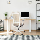Silla de oficina profesional PURE WHITE en color beige con respaldo de malla y reposabrazos blancos de hjh OFFICE